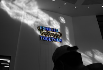 Neon signage with the words 'Families Belong Together' is mounted on a wall, illuminated in bright colors. Shadows cast dramatic patterns on the wall, and the scene includes a silhouette of a person wearing a cap in the foreground.